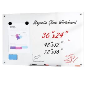 VEVOR Magnetic Glass Whiteboard, Dry Erase Board 36"x24", Wall-Mounted Large White Glassboard Frameless, with Marker Tray, an Eraser and 2 Marker