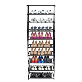 10 Tier Tall Shoe Rack for 30 Pairs Freestanding Modular Shoe Storage Organizer with Black Metal Tubes and Black Fabric Shelves Space Saving Shoe