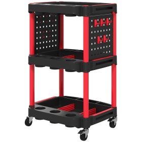 HOMCOM 3-Tier Rolling Tool Cart, 200 LBS Capacity Plastic Utility Cart with Side Shelves for Garage, Workshop, Black and Red