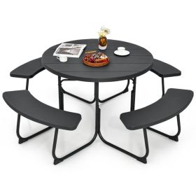8-Person Outdoor Picnic Table And Bench Set With Umbrella Hole (Color: Black)