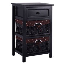 3 Tiers Wooden Storage Nightstand With 2 Baskets And 1 Drawer (Color: Black)