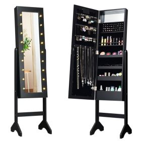 Mirrored Standing Jewelry Armoire Cabinet With LED Lights (Color: Black)