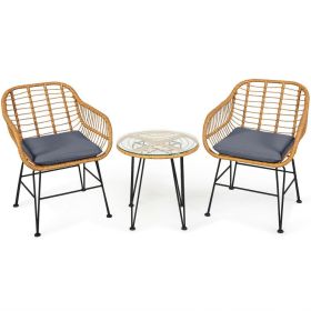 3 Pieces Rattan Furniture Set With Cushioned Chair Table (Option: Gray)
