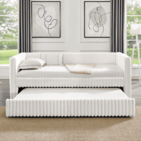 Twin Size Daybed, Upholstered Sofa Bed,The Bottom Pulls Out To Form A Bed ,Striped Corduroy Fabric- Beige 86x43.5x34 (Color: Beige)