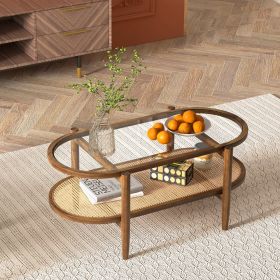 2-Tier Coffee Table With Tempered Glass Tabletop And Acacia Wood Frame (Color: Brown)