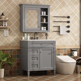 30'' Bathroom Vanity With Top Sink, Modern Bathroom Storage Cabinet With 2 Drawers And A Tip-out Drawer, Freestanding Vanity Set With Mirror Cabi (Color: Grey)