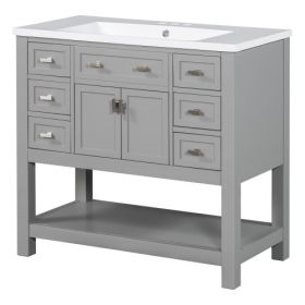 36'' Bathroom Vanity With Top Sink, Modern Mirror Cabinet With Towels Bar, Bathroom Storage Cabinet With 2 Soft Closing Doors And 6 Drawers, Sing (Color: Grey)