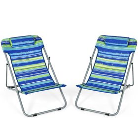 Portable Beach Chair Set Of 2 With Headrest (Color: Blue)