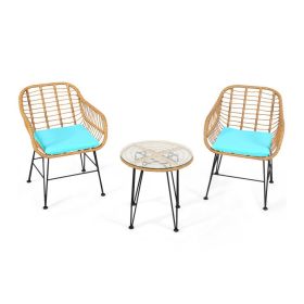 3 Pieces Rattan Furniture Set With Cushioned Chair Table (Option: Turquoise)
