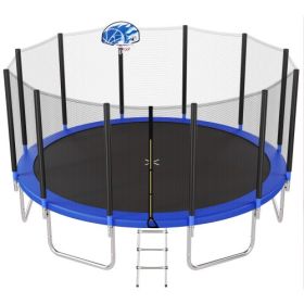16FT Trampoline For Kids With Safety Enclosure Net, Basketball Hoop And Ladder, Easy Assembly Round Outdoor Recreational Trampoline (Color: Blue)