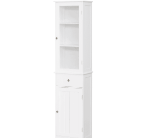 Kleankin Slim Bathroom Storage Cabinet Tall Narrow Linen Tower With Acrylic Door Drawer And Shelves White (Color: White)