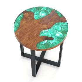 Solid Live Edge Round Teak Wood Outdoor End Table With Epoxy Resin Tabletop (Option: Brown and Green)